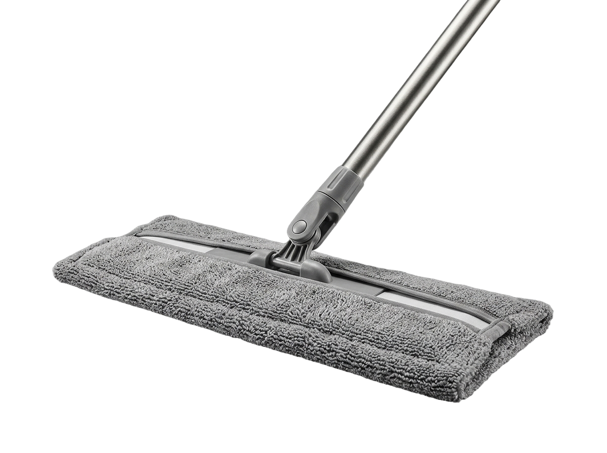 Grauer Bodenwischer mit langem Metallstiel und flachem Mikrofaserbezug
