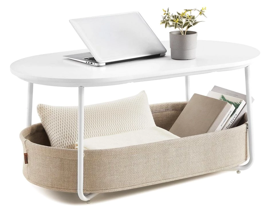 VASAGLE Couchtisch oval, Wohnzimmertisch, modern, mit Stoffkorb, skandinavisches Design