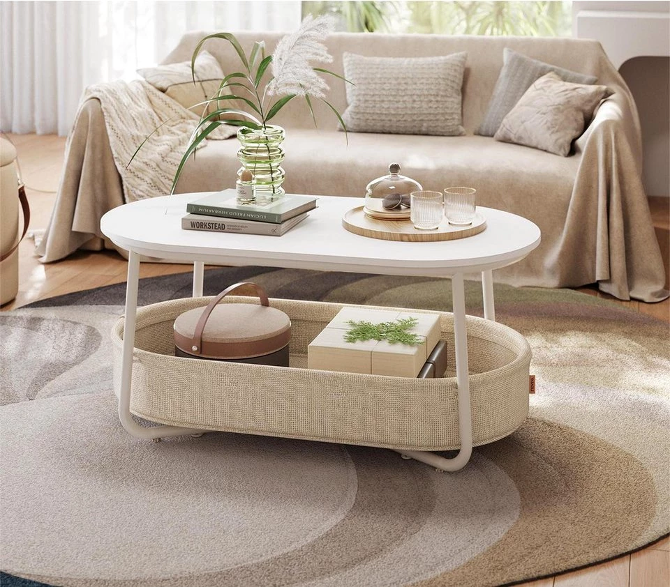 VASAGLE Couchtisch oval, Wohnzimmertisch, modern, mit Stoffkorb, skandinavisches Design